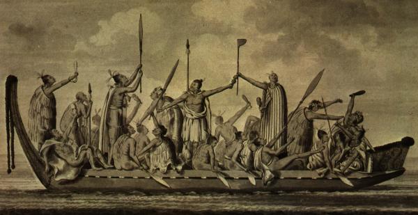 Maori warriors in a large canoe