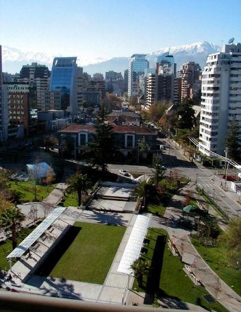 view from our terrace of Plaza Peru, more of Las Condes, and the Andes