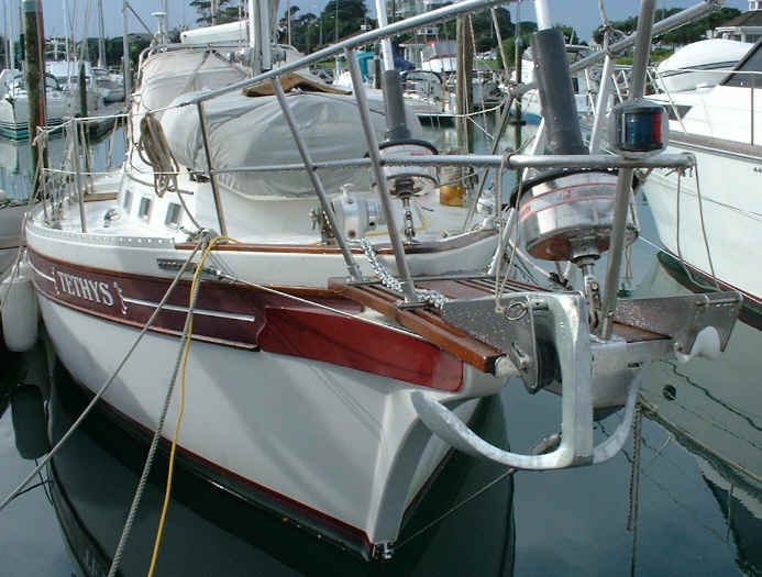 Bowsprit showing two bow rollers and Bruce anchor.