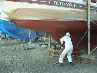 Tethys gets two coats of antifouling paint sprayed on.