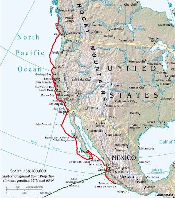 Red line shows our track along the coast of North America  (130919 bytes)