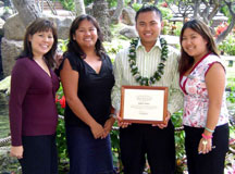 Student of the quarter, Albert Andres, pictured with award presenters, Sheri Nakashima & Diana Ishii of the Westin Maui Hotel and 
Sharon Saribay, teacher