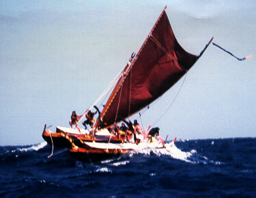 42' double-hulled sailing canoe, Mo`olele, launched in 1975