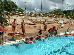 Students getting ready to practice water entries at the Lahaina Aquatic Center