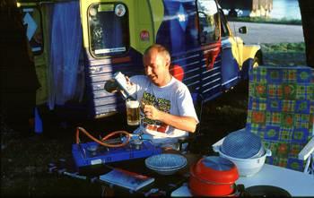 Falk pouring his beer