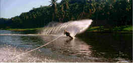 Jim Hinsch water skiing on the Rio Chavn near La Romana, Dominican Republic