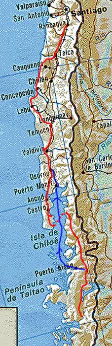 71 kb picture loading...Map of 1997-97 route from Rancagua to end of Carretera Austral.