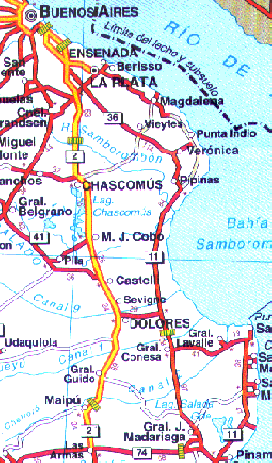 Imagen ampliada del plano de rutas hacia Mar de Ajo y San Bernardo