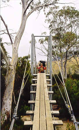 Mom B. on one-man bridge to Narcissus