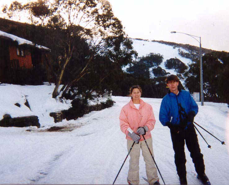 Mel and Mike skiing home