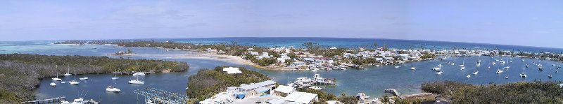 Panoramic view of Hope Town, Elbow Cay in the Abacos - click and scroll to see larger image