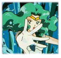 Sailor Neptune is a very elegant senshi.  She has aquamarine hair (really!) and greenish blue eyes. She's the third tallest senshi of them all, and she wears her hair up or down depending on what she's doing.