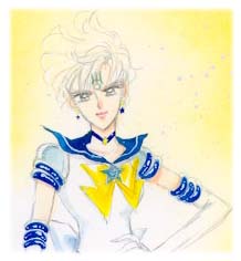 Sailor Uranus has short blonde hair and blue eyes.  She's one of the tallest senshi (taller than Neptune, shorter than Pluto), and she usually goes around wearing boys clothes (it's part of her personality).  It sometimes gets hard to tell if she's a guy or a girl.