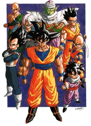 Goku, Gohan, Vegeta, Piccolo, Krillen, Trunks, and Tien