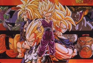 SSJ Gohan, Goku, Vegeta, and Trunks with people around them