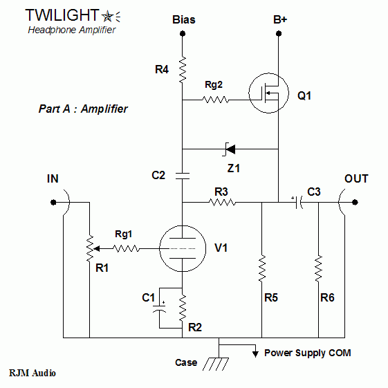 Twilight Amplifier Circuit Schematic, one channel shown