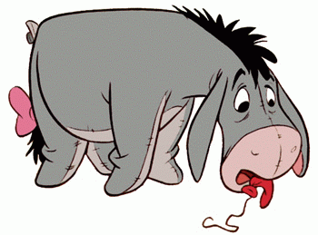 Eeyore picking up the pieces of his purdy red ballon