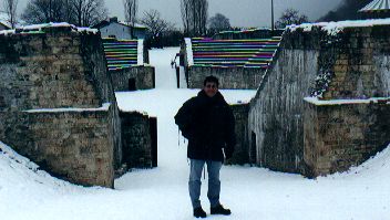 Roberto at the ancient Roman amphitheatre - don't ask me why the snow looks all multi-coloured here...