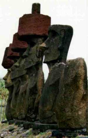 moai standing on their ahu, at Anakena Beach