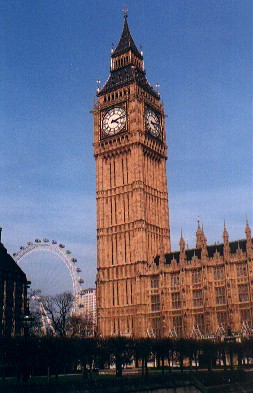 Big Ben, with the millennium ferris wheel in the background