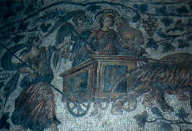 A detail of the mosaic celebrating Bacchus' triumph of wine over beer