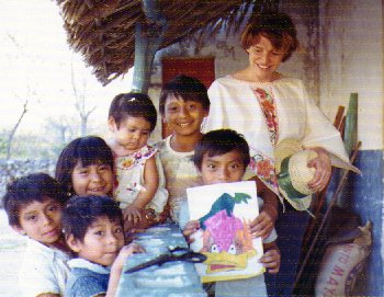 Elizabeth with school children in Chizen Itza, Mexico