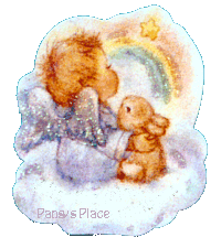 Angel Child and Bunny Sitting on Cloud, Gazing at a Rainbow