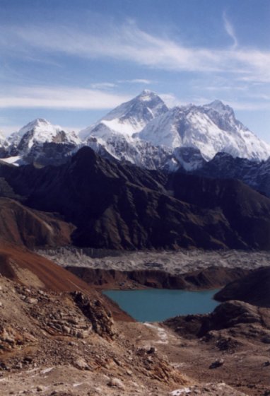 Looking back at Gokyo with Everest beyond