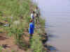 Scouts fishing on the lake bank