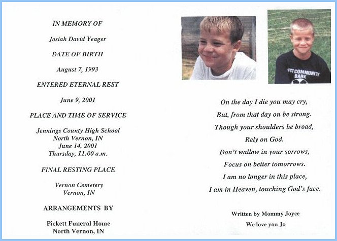 funeral program for Josiah