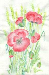 Poppies in a Wheatfield, Watercolor on Rice Paper by Traute Klein