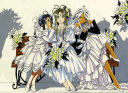 Skuld, Belldandy and Urd in white formal dresses